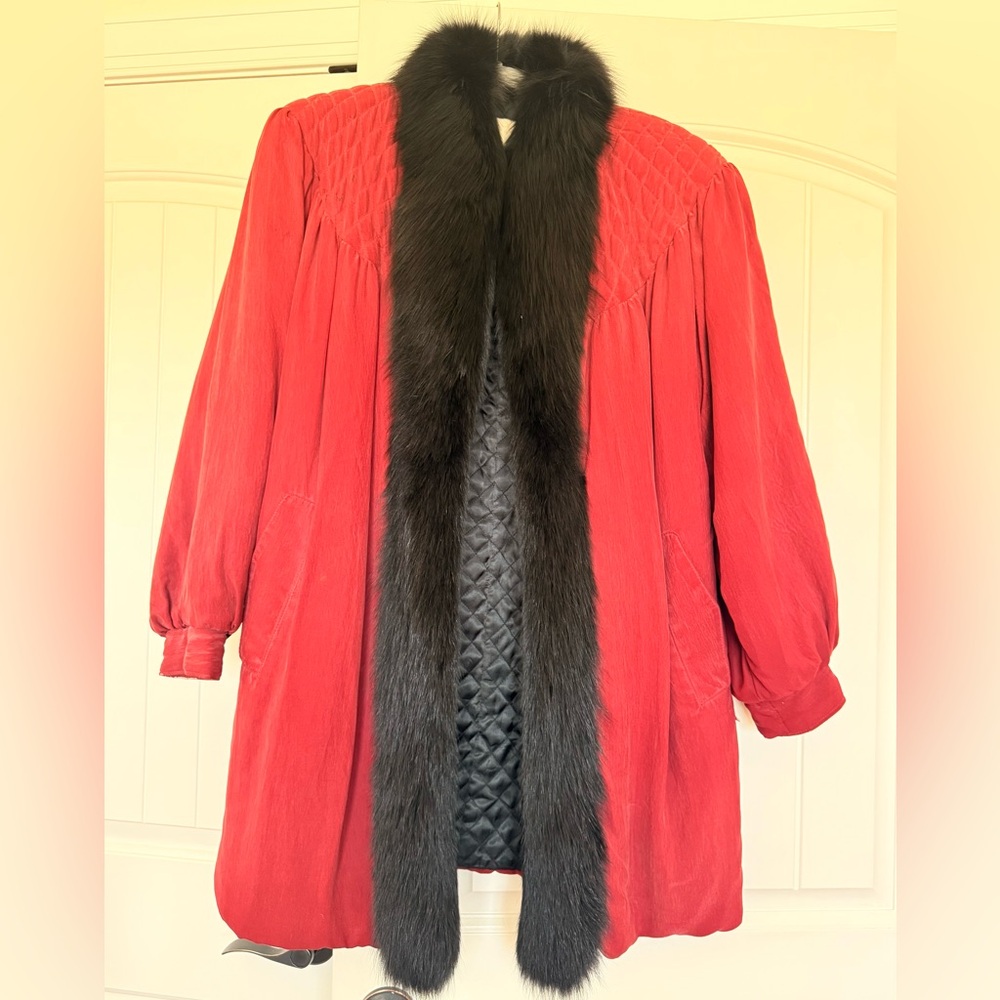 Deep Pink Silk Coat with Dyed Fox Trim and Quilted Lining